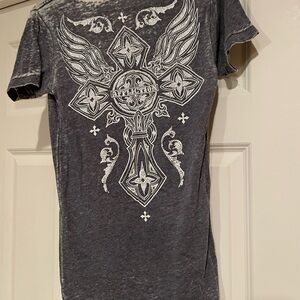 Affliction Charcoal Tee with White Cross and Wings